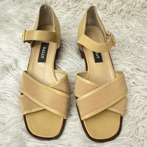 Vintage Bally Beige Leather Cross Strap Low Heel Buckle Sandals sz 38 /‎ 7.5
